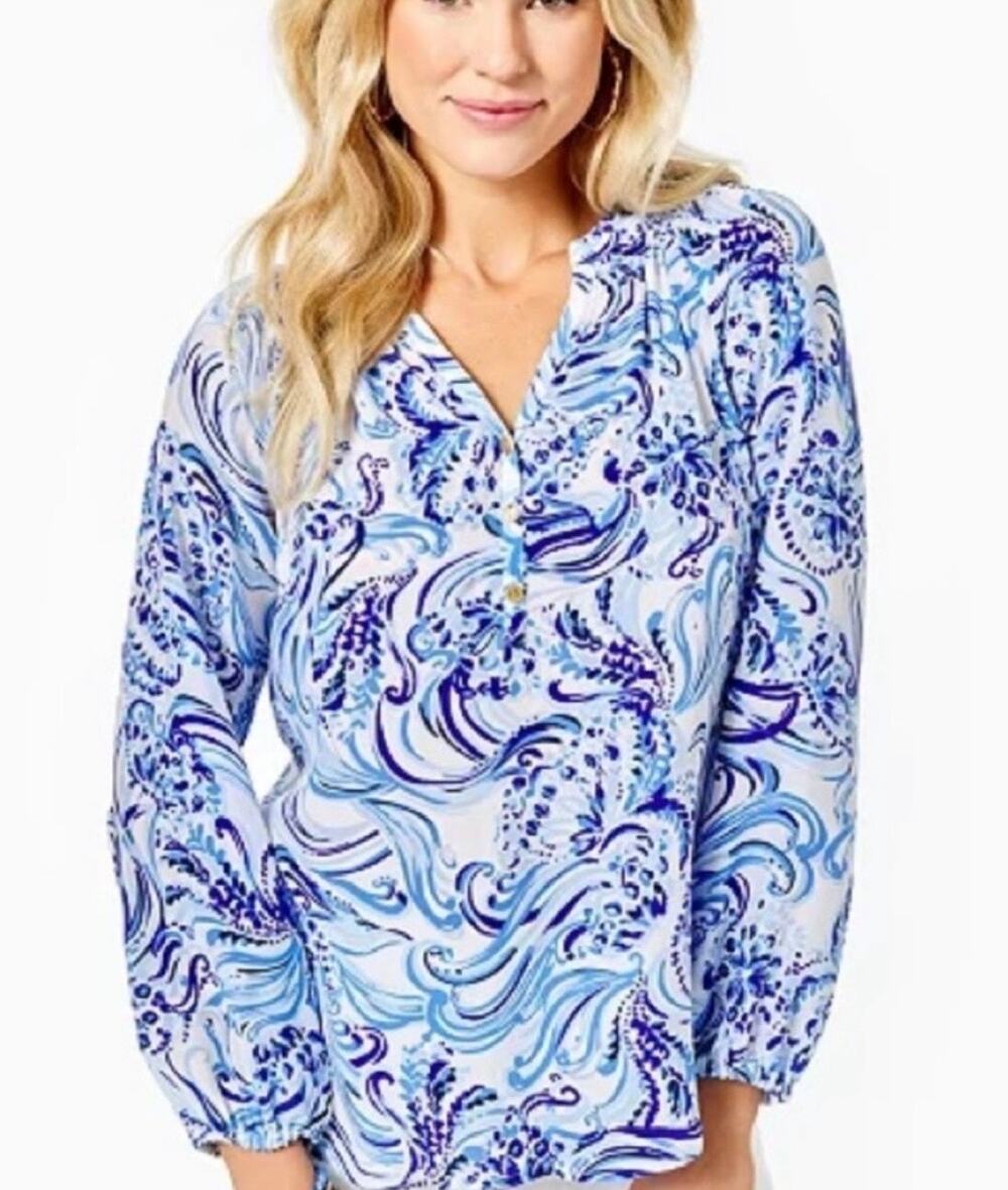 NWOT Lilly Pulitzer Elsa 100% Silk Top Don’t Be Jelly Print Women's Large Blue